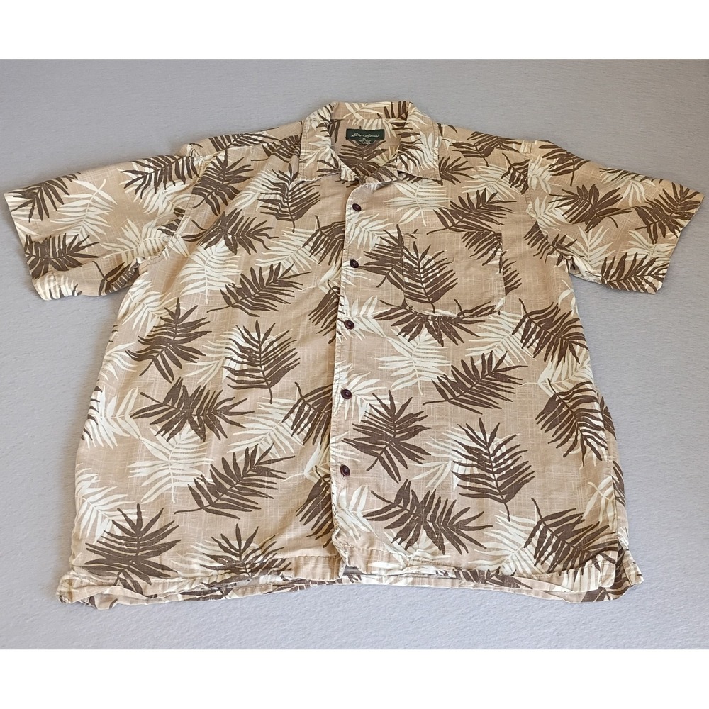 Eddie Bauer Mens Medium Tropical Palm Leaf Hawaiian Shirt Button Up Brown Tan